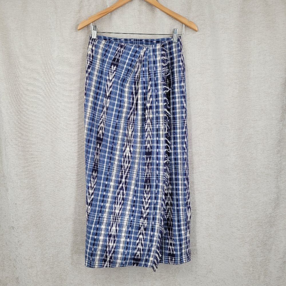 Liz C Vintage Blue Plaid Aztec Women's Skirt Blanket Fringe Wrap